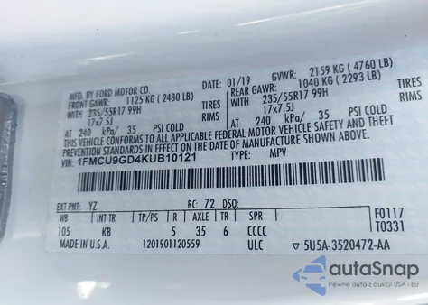 2019 Ford Escape Se from USA, damaged, VIN 1FMCU9GD4KUB10121